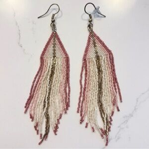 Ink + Alloy Beaded Fringe Tassel Earrings Pink and Cream